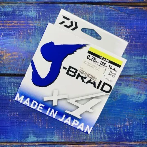 Шнур Daiwa J-Braid X4 135м. №0,25мм. 14,4кг. 3.0PE 32lb. (fluo yellow)